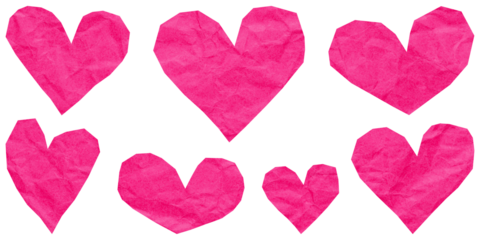 Fuchsia pink heart set cut out of crumpled paper, isolated flat stickers for Valentine's Day design