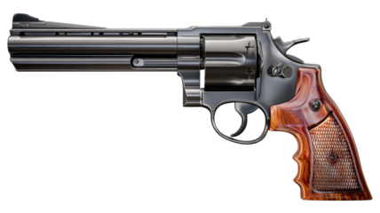 Isolated revolver with long barrel and wooden handle on transparent background