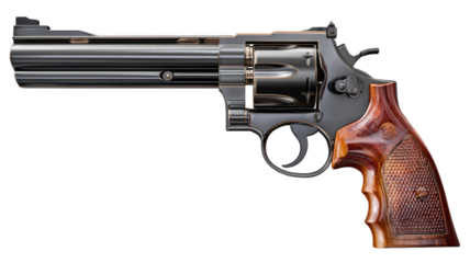 Isolated revolver with long barrel and wooden handle on transparent background