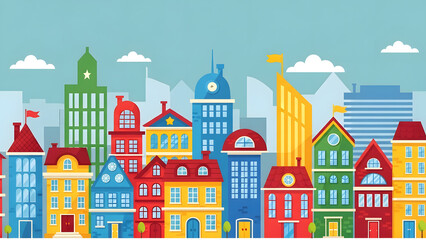 Fototapeta premium Illustration of a vibrant and colorful cartoon city skyline with various building styles