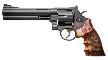 Isolated revolver with long barrel and wooden handle on transparent background