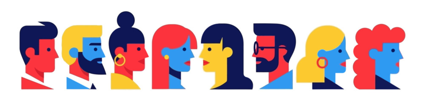 Row of diverse colorful stylized people heads in profile view for community and social network concept