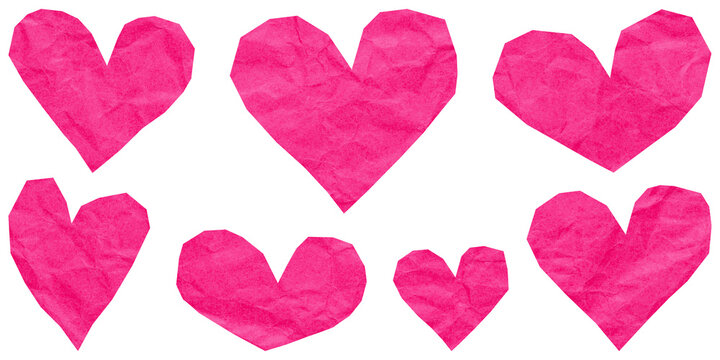 Fuchsia pink heart set cut out of crumpled paper, isolated flat stickers for Valentine's Day design