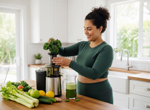 Latina young woman plus size preparing detox or green juice in kitchen at home in Mexico Latin America
