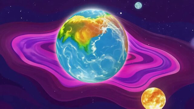 2D style solar system with rotating globe and stylized purple galaxy background. Educational kids loop.