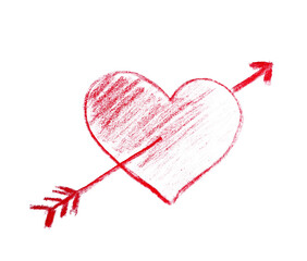 heart with arrow hand drawn made from red marker on white background