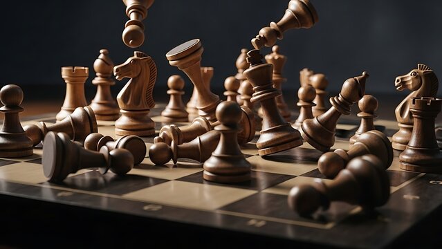 A dramatic close-up shot of a chess game in progress, with pieces scattering as if in mid-air, suggesting a decisive moment or a chaotic turn of events