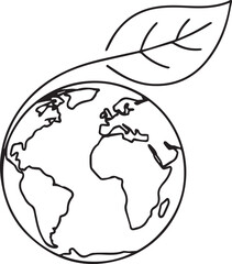 A minimalist black and white line art vector of the Earth globe with a single leaf curling over the top. This clean design represents global ecology, nature, and environmental protection.