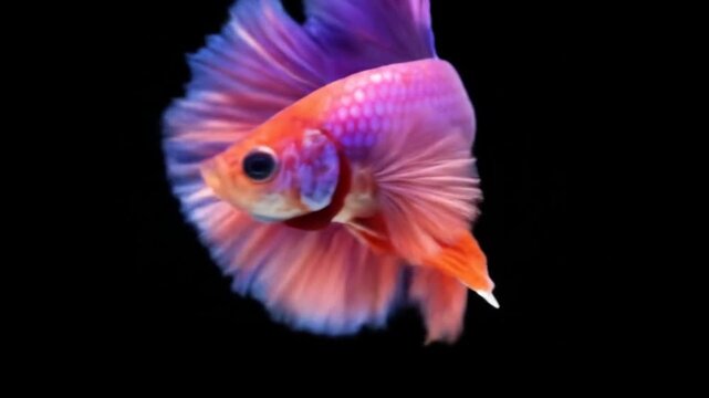 Vibrant siamese fighting fish with flowing fins against black background