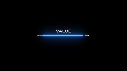 A minimalist dark background the word VALUE in white text with a glowing neon blue horizontal line beneath it, connecting the words MIN and MIX, representing a spectrum or scale - Powered by Adobe