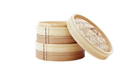 Stack of Bamboo Steamer Baskets with Open Lid