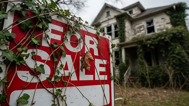 For Sale Sign In Front Of An Abandoned Old House Covered In Overgrown Vines