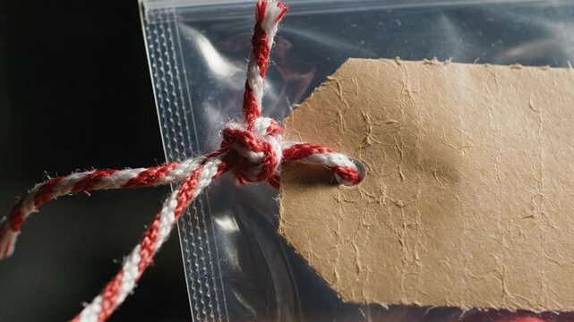 Close up of a brown paper tag tied with a red and white string to a clear plastic bag with dark background and dramatic lighting