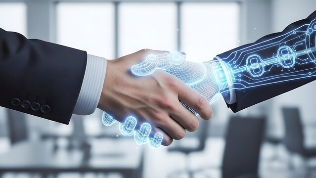 Business professionals shaking hands, symbolizing successful collaboration between humans and artificial intelligence in the workplace