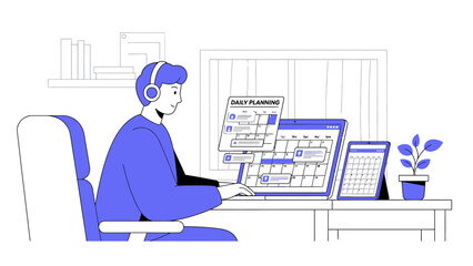 Focused professional managing digital tasks and optimizing schedules from a home office, illustrating efficient remote work and online productivity planning