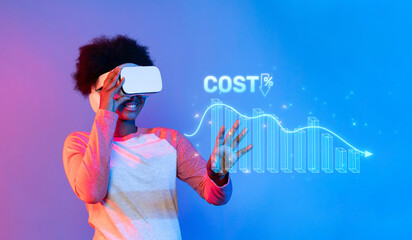 A young individual experiences virtual reality while analyzing a cost reduction graph, emphasizing the intersection of technology and financial analysis in a dynamic environment. XDMCP