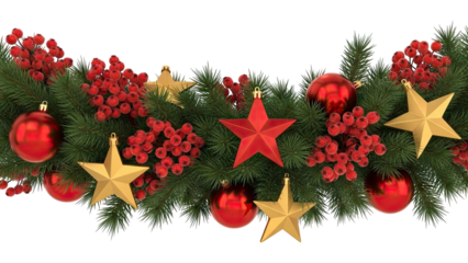 Christmas Garland with Red Berries, Ornaments, and Gold Stars