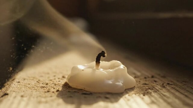 Close-up of a melted white candle stub with smoke and embers rising in soft, warm interior lighting on a wooden surface, signifying the end of an era or fading memory