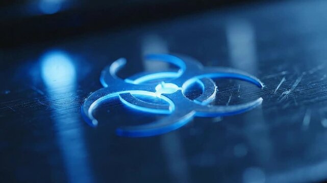 Close Up Of A Metallic Biohazard Symbol Illuminated By Blue Light