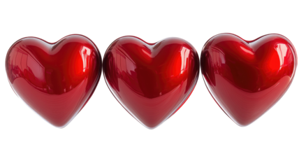Three glossy red hearts in symmetrical arrangement on transparent background