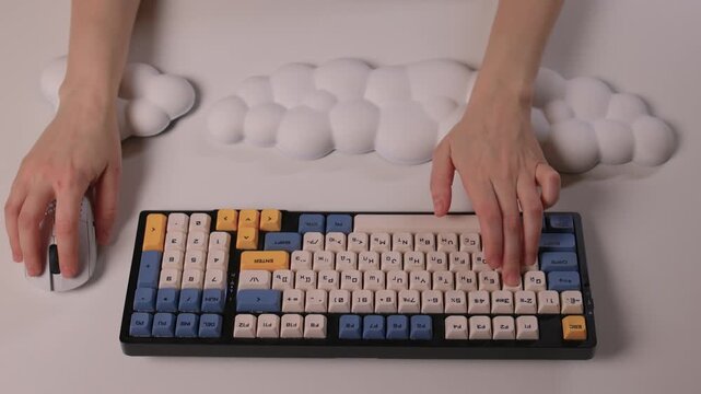 Keyboard setup showcase, Ergonomic mechanical keyboard display, Closeup of tactile switches on custom keyboard, Designer testing pastel keycaps with ergonomic wrist cushion setup