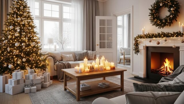Festive cheer: A cozy living room adorned for christmas and glowing with candlelight and warmth - Powered by Adobe
