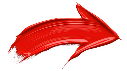 A bold red paint stroke sweeps across a dark background creating a dynamic abstract shape with a sharp point
