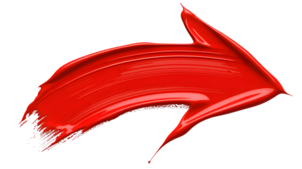 A bold red paint stroke sweeps across a dark background creating a dynamic abstract shape with a sharp point