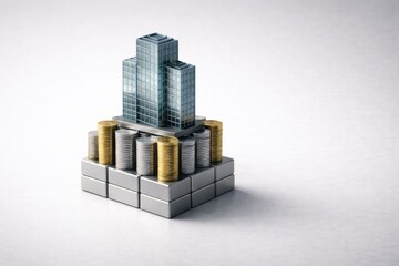 Naklejka premium Photorealistic office building model standing on neatly stacked gold and silver coins on a neutral studio background