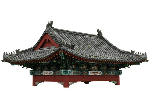 Traditional asian architecture ornamental roof structure with detailed carvings