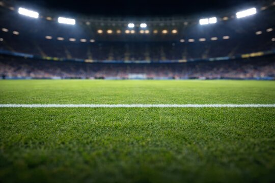 Empty professional football pitch viewed from ground level with sharp grass texture and blurred stadium stands.