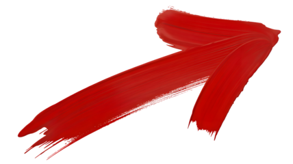 A striking red paint stroke sweeps upwards and to the right against a dark background creating an abstract arrow shape with textured edges