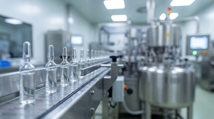 Pharmaceutical sterile production line with glass ampoules in aseptic manufacturing facility