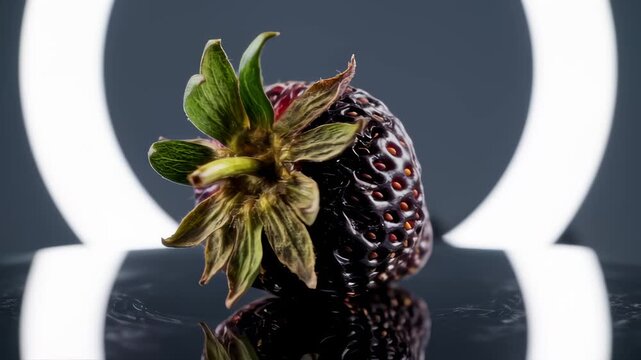Strawberry Rotting Slowly on a Reflective Surface With Lights