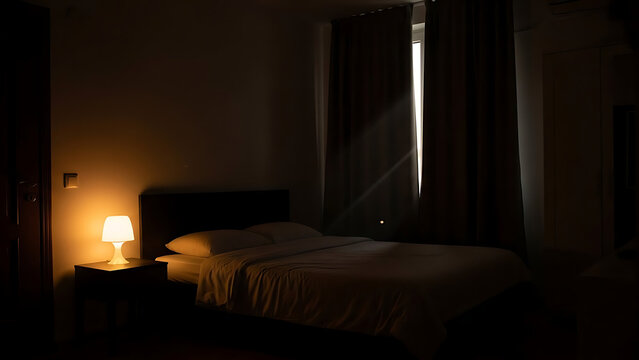 A dimly lit bedroom scene with a bed, lamp, and window, viewed from the doorway.