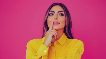 Thoughtful young woman with a finger on her chin, looking animated movie with a curious expression, against a vibrant pink background.