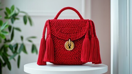 Red Crochet Handbag with Tassels on White Table