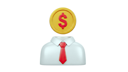 3D Icon of a Person with Dollar Coin Head and White Shirt with Red Tie