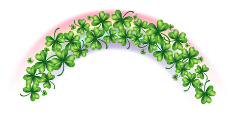 St patricks day rainbow arch with green shamrock clover leaves. Vector illustration of irish luck symbol isolated on white background for festive spring holiday greeting card design.