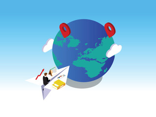 Global Business Travel and Startup Growth Concept with Paper Plane 3d isometric vector illustration