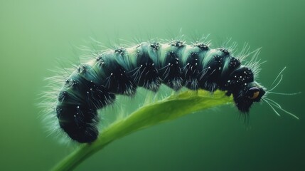 Magnificent Macro Photography of a  Fuzzy Caterpillar on a Green Leaf