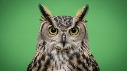 Intense gaze of a great horned owl against a vibrant green backdrop portrait