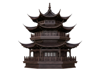 Traditional asian pagoda architecture rendered in realistic style against transparent background