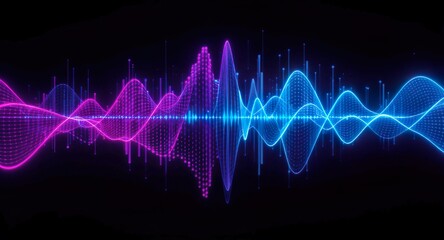 Glowing pink and blue wave and ripple effect overlay featuring concentric circles, vibration motion, and dynamic audio sound wave signal design