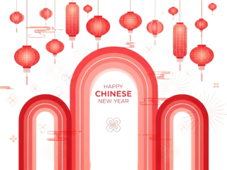 Vibrant chinese new year celebration with red lanterns and decorative arches