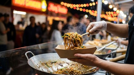 Street food vendor serving hot steaming noodles from wok skillet into paper box container for customer. Delicious asian cuisine concept.