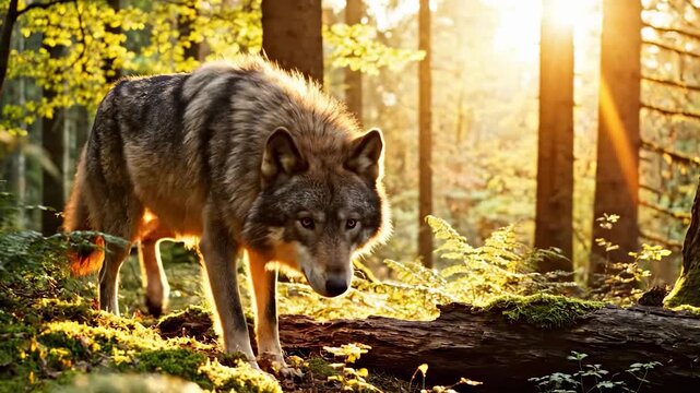 A wolf walks through a forest, illuminated by sunlight filtering through leaves. The wolf navigates the forest floor, surrounded by trees and green foliage.