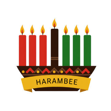 A dark flat illustration of a Kinara with burning red, black, and green candles, a golden ribbon with 'HARAMBEE' text, on a transparent background with copy space, Kwanzaa celebration concept