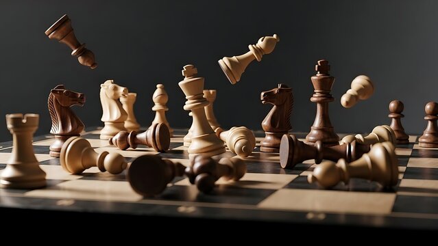 Dynamic scene of numerous wooden chess pieces in various states of disarray, some falling and others scattered across a chessboard, depicting strategic chaos and an unpredictable game outcome