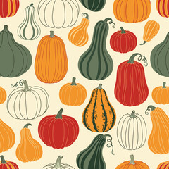 Seamless fall harvest pattern showcasing a variety of pumpkins and gourds in orange, green, and white autumn colors.